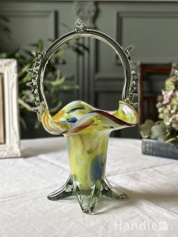 アンティーク雑貨 アンティーク花瓶 マーブル模様のガラスが美しいアンティークガラスの器、エンドオブデイズのガラスのバスケット