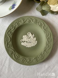 アンティーク雑貨 アンティーク食器 セージグリーン色のジャスパーウェアプレート、英国アンティークウェッジウッドのピンディッシュ