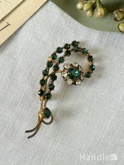 アンティーク雑貨 アンティークブローチ 深いグリーン色の美しいお花のブローチ、ラインストーンのビンテージアクセサリー