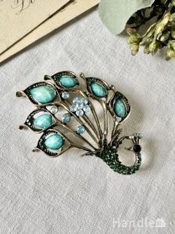 アンティーク雑貨 アンティークブローチ 気高さが伝わるキレイな色の孔雀のアクセサリー、ピーコックのおしゃれなビンテージブローチ