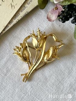 アンティーク雑貨 アンティークブローチ チューリップのブーケがキラキラ輝くブローチ、ゴールド色の華やかなアンティークアクセサリー