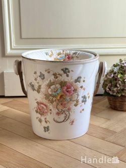 アンティーク雑貨 その他アンティーク雑貨 美しいお花模様が手描きされたアンティークの陶磁器、クラウンデボン社のスロップバケツ
