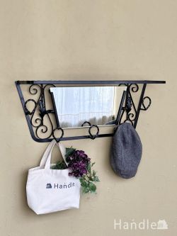 アンティーク家具 アンティークのウォールハンガー フランスアンティークのフックボード、アイアンのミラー付き壁付けウォールフック