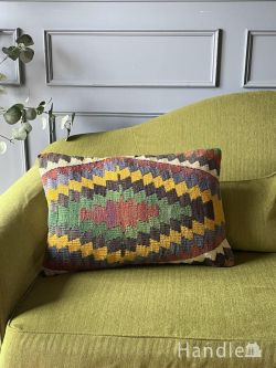 アンティーク雑貨 アンティーククッション 幾何学模様がおしゃれなオールドキリム、ビンテージのクッションカバー（60✕40）