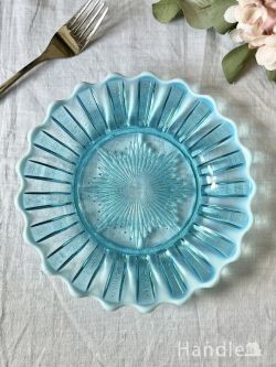 アンティーク雑貨 アンティーク食器 爽やかなブルー色のアンティークガラスの皿、デイビッドソングラスのアンティークプレート