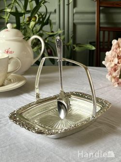 アンティーク雑貨 アンティーク食器 シェフィールドのおしゃれなアンティーク食器、英国シルバープレートのスプーン付きのジャムディッシュ