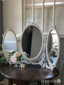 アンティーク雑貨 アンティークミラー・鏡 ロココスタイルのフランスから届いた白い三面鏡、アンティークのスタンドミラー