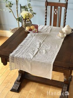 アンティーク雑貨 ドイリー・クロス 刺繍が可愛いフランスアンティーク、繊細なレースのテーブルランナー