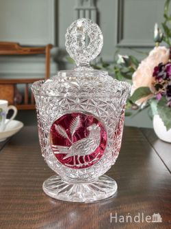 アンティーク雑貨 アンティークキャニスター イギリスで見つけたアンティークガラスの器、鳥が描かれたフタ付きのキャニスター