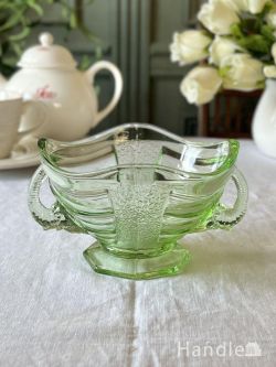 アンティーク雑貨 アンティーク食器 アールデコスタイルのヴァセリンガラスのボウル、エレファントヘッドの取っ手がおしゃれなアンティークの器