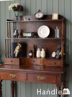 アンティーク家具 アンティークのキャビネット 英国アンティークのデスクトップシェルフ、マホガニー材で出来た引き出し付きのオープンシェルフ