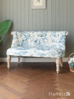 アンティーク風 アンティーク風の椅子 フランス風のおしゃれな2人掛けソファ、ボヌールチェア（トワルドジュイ風・BLUE)