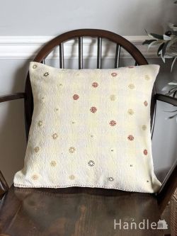 絨毯 キリム アイボリー色に咲く小さなお花と星の物語、ストライプ模様のビンテージキリム