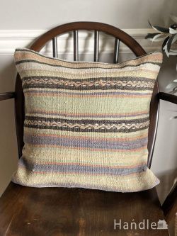 絨毯 キリム 爽やかなストライプ模様のクッションカバー、ジジム織りのオールドキリム