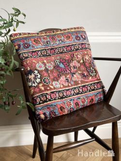 絨毯 ペルシャ絨毯 お花模様が描かれたオールドペルシャ、ふかふかのビンテージクッションカバー