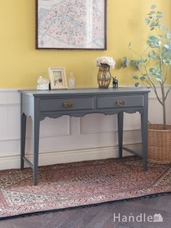 アンティーク家具  ブルーグレー色が映えるペイントのテーブル、おしゃれ色のンティークコンソールデスク