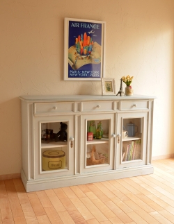 アンティーク家具 アンティークのフレンチ家具、グレーペイントのガラスキャビネット