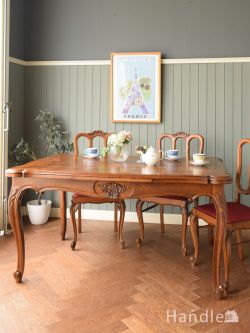 アンティーク家具 アンティークのテーブル 浮き彫りが美しいフランスの伸長式テーブル、猫脚のドローリーフダイニングテーブル