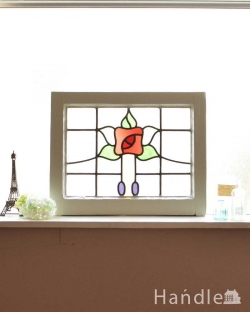 アンティーク雑貨 ステンドグラス アンティーク 赤いお花×パープルの雫が可愛いアンティーク ステンドグラス 