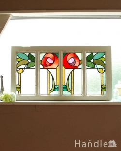 アンティーク雑貨 ステンドグラス アンティーク 絵画のような美しさ・・・色使いもキレイな薔薇の英国アンティークステンドグラス