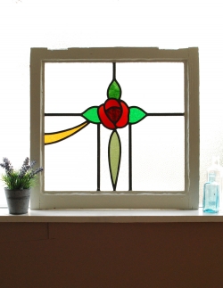 アンティーク雑貨 ステンドグラス アンティーク 赤い一輪の薔薇が美しいアンティーク ステンドグラス