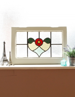 アンティーク雑貨 ステンドグラス アンティーク ハート×可愛いローズ、小さくて可愛いサイズのアンティーク ステンドグラス