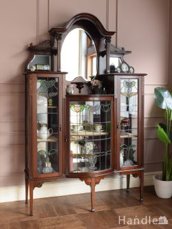 アンティーク家具 アンティークのキャビネット アールヌーボーのステンドグラスが美しいキャビネット、マホガニー材のアンティークパーラーキャビネット