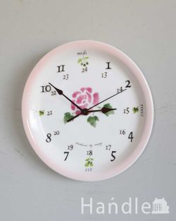 おしゃれな壁掛け時計、ピンクのバラ模様が描かれたレトロな文字盤のウォールクロック（ラウンド・ローズ）