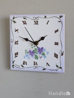 インテリア雑貨 時計 壁掛け おしゃれな磁器製の壁掛け時計、スミレの模様が描かれたウォールクロック（スクエア・ヴィオレ）