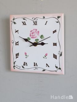 薔薇の花が描かれたおしゃれな壁掛け時計、レトロ文字盤のウォールクロック（スクエア・ローズ）
