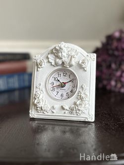 インテリア雑貨 時計 壁掛け フランスアンティーク調のおしゃれな時計、薔薇とエンジェルの白い置時計