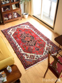 アンティーク雑貨 トライバルラグ・トルコ絨毯 Hamedanの手織りのビンテージラグ、幾何学模様のお花が織られた美しい絨毯