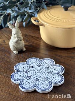 インテリア雑貨 トリベット お花の形がとっても可愛いトリベット、トルコ生まれのイズニックコースター(ホワイト×ブルー)