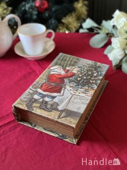 インテリア雑貨 アクセサリートレイ・ボックス アンティーク調のクリスマスブックボックス、クリスマスツリーを飾るサンタがデザインされた収納箱