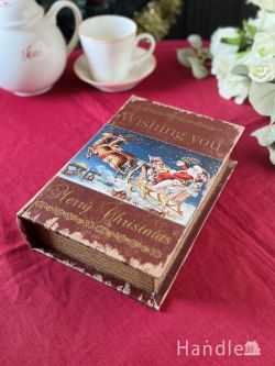 インテリア雑貨 アクセサリートレイ・ボックス アンティーク調のクリスマスブックボックス、サンタが描かれた古書デザインの収納箱(Wishing you)