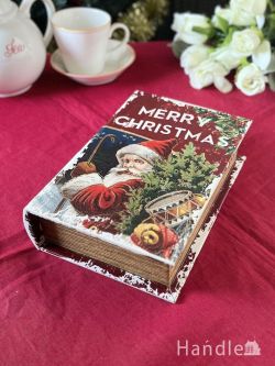 インテリア雑貨 アクセサリートレイ・ボックス アンティーク調のクリスマスブックボックス、クリスマスツリーとサンタが描かれた収納箱