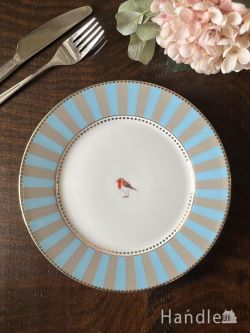 インテリア雑貨 アンティーク食器 爽やかなブルー色で縁取りされたおしゃれなお皿、小鳥が描かれた可愛い21cmプレート