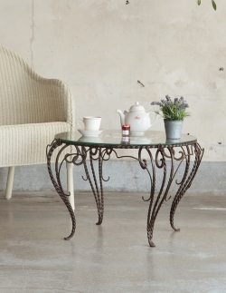 アンティーク家具  アイアンがお洒落なフランスアンティーク家具、ガラス天板のコーヒーテーブル