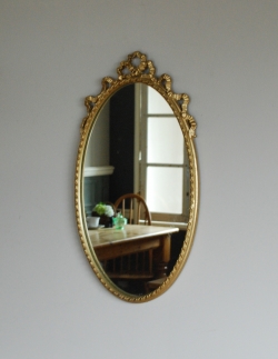 アンティーク雑貨  リボンが付いたモールディングミラー、アンティークミラー（ゴールド）