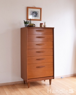 アンティーク家具 アンティークのチェスト チーク材のシャープな6段チェスト、ビンテージの北欧家具