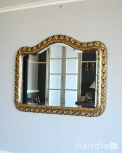 アンティーク雑貨 アンティークミラー・鏡 ゴールドの装飾と上品な高級感、横長のアンティークミラー 