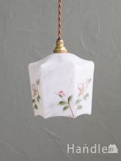 英国アンティークのペンダントライト、美しいお花が描かれた照明器具（コード・シャンデリア電球・ギャラリーなし）