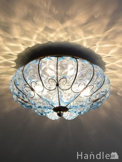 照明おしゃれ シャンデリア イタリアのおしゃれな照明、ヴェネチアで作られたハンドメイドのシーリングランプ（ムラノガラス・ブルー）(E17球付)
