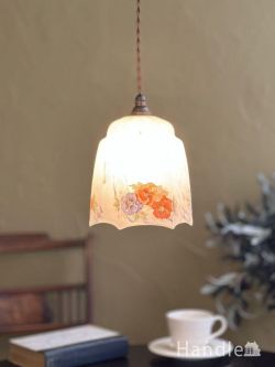 パンジーが描かれた可愛らしい照明器具、アンティークガラスのペンダントライト(k-6059-z)