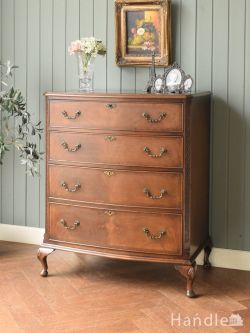 マホガニー材の木目が美しい4段チェスト、英国のアンティークのおしゃれな整理ダンス