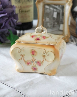 アンティーク雑貨 アンティーク食器 お花模様が上品なクラウンデボン、アンティークのふた付ケース(ドレッシングセット・アクセサリーボックス)