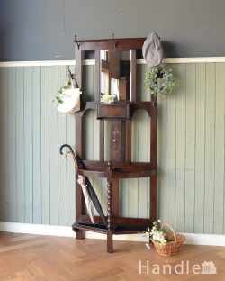 アンティーク家具 ホールスタンド 玄関のインテリアにおススメのアンティーク家具、オーク材の鏡付きホールスタンド