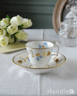 アンティーク雑貨 アンティーク食器 ゴールド×ブルーの装飾で上品な雰囲気が漂うアンティークカップ&ソーサー(スポード)