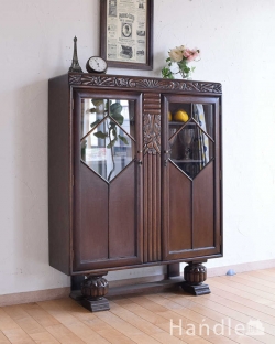 アンティーク家具 アンティークのキャビネット 華やかなアンティークの英国家具、オーク材のブックケース（本棚）