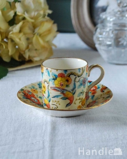 アンティーク雑貨 アンティーク食器 鮮やかに描かれた鳥とお花が美しいアンティークカップ&ソーサー